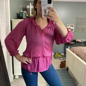 LOFT pink and navy polka dot blouse